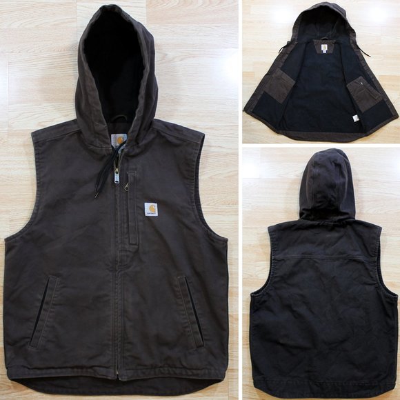 Carhartt Other - Carhartt Hooded Vest Dark Brown Washed Canvas - Fleece Lined - Drop Tail - Men's